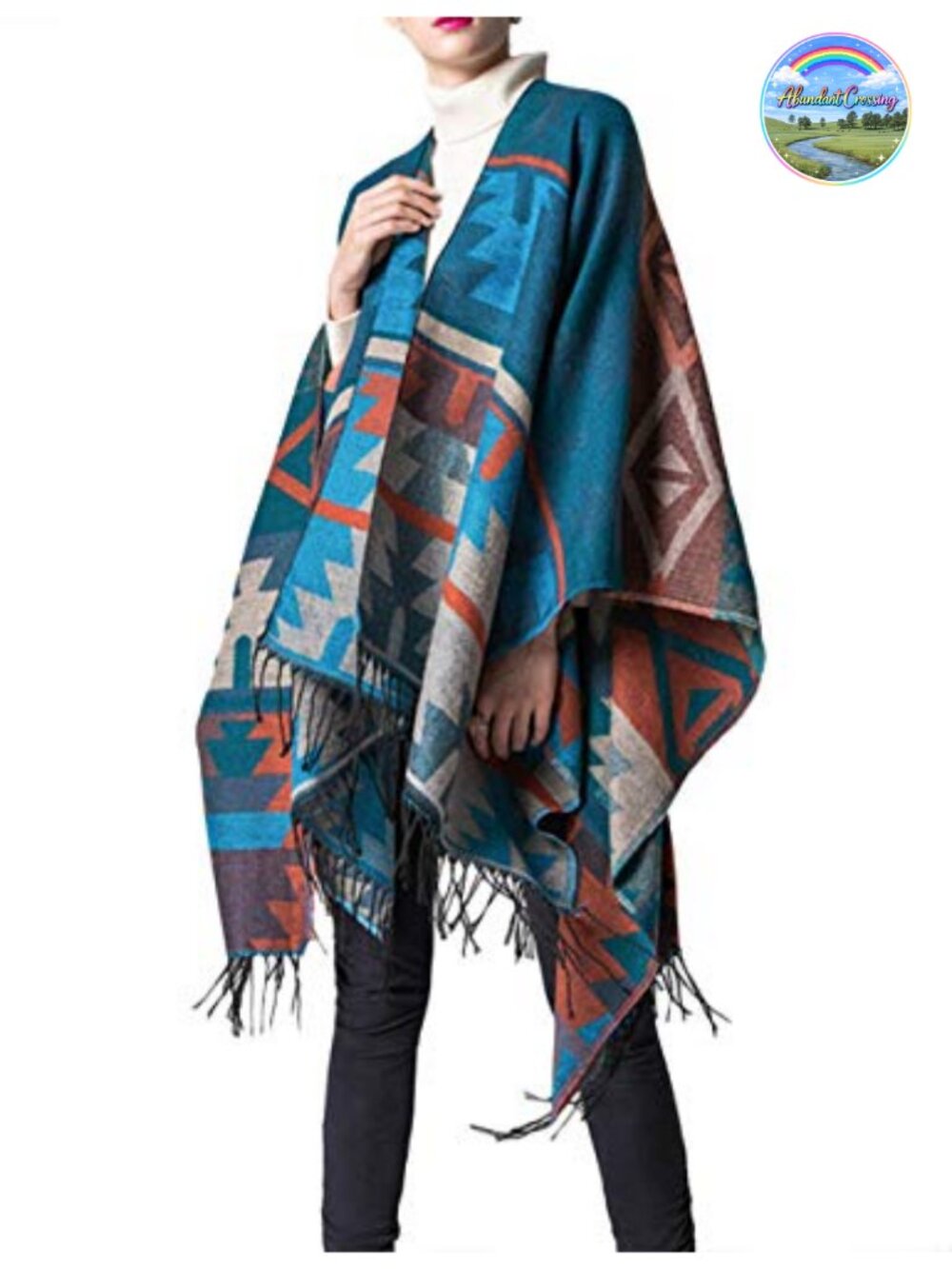 Womens Open Front Poncho Sweater Geometric Fringe Knit Cape Shawl Wrap